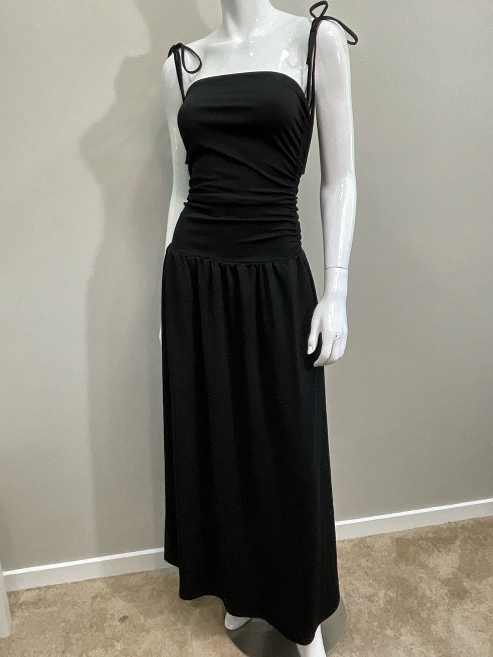 ALL THE WAYS Orelia Maxi Dress Black Ruched Tie Strap Sundress XS